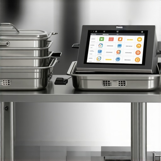 Arranged catering equipment with digital devices on a service table.