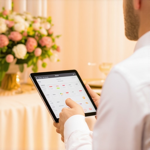 A catering professional managing event details with a digital device