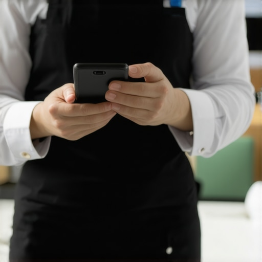 Catering staff using modern communication and payment devices during an event.