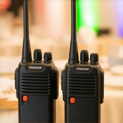 Staff using walkie-talkies during a wedding event to coordinate seamlessly.
