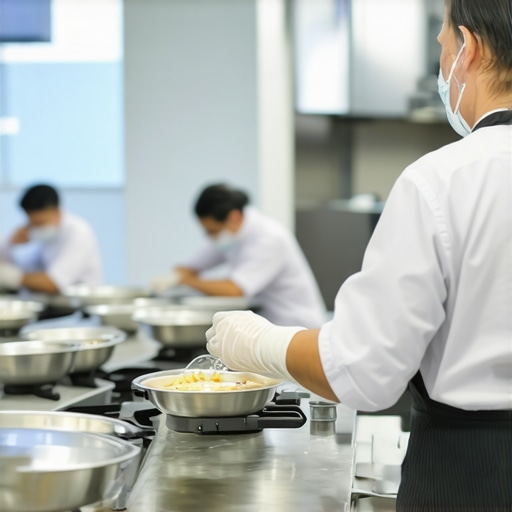 Catering staff performing equipment maintenance in a state-of-the-art commercial kitchen.