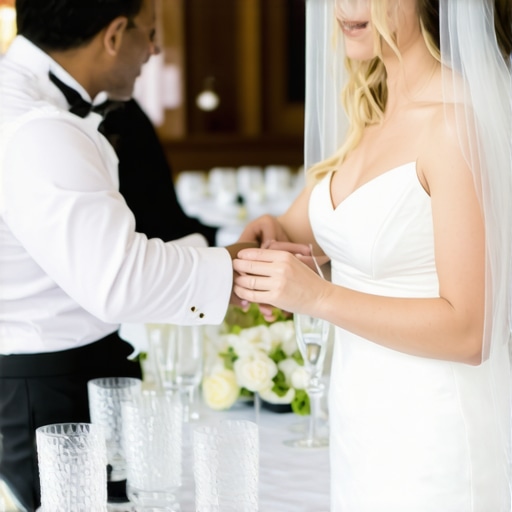 Elegant wedding reception with professional servers attending guests.