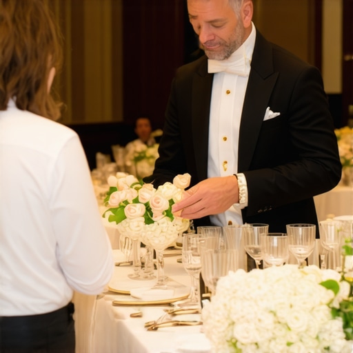 A skilled server efficiently managing guest requests at a formal business banquet.