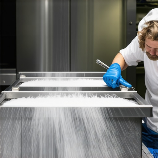 Technician cleaning and inspecting professional catering equipment