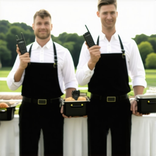 Catering staff communicating via walkie-talkies with insulated food carriers in the background