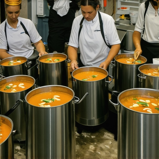 Catering staff in uniform serving hot soup to guests at a large wedding reception