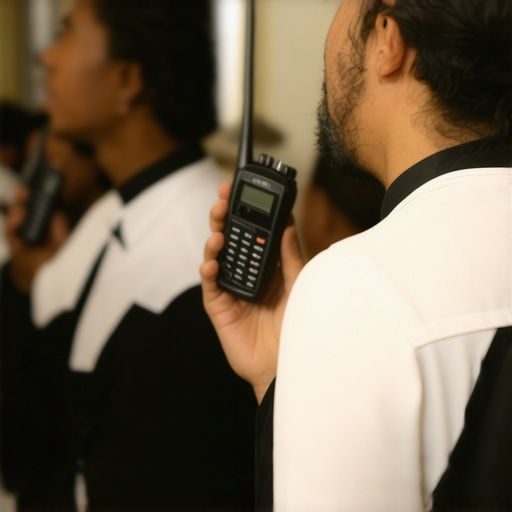 Catering staff communicating via walkie-talkies during an event.