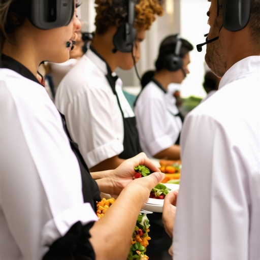 Catering staff communicating with headsets in a busy event environment