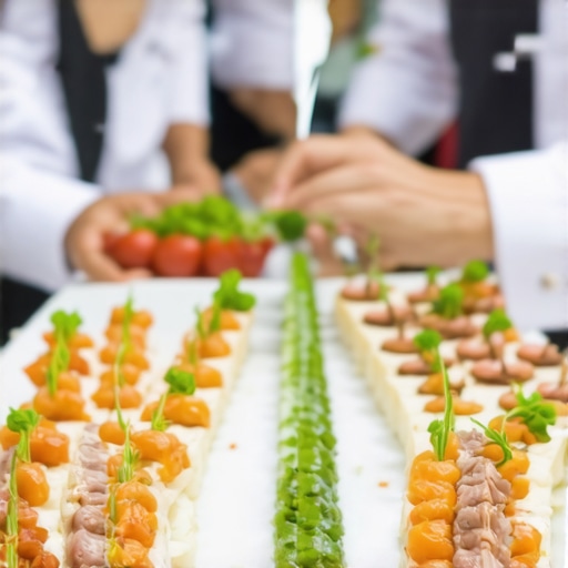 Catering staff serving guests at a contemporary corporate event with various food stations