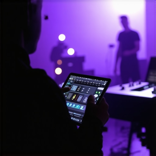 A professional event coordinator managing lighting and sound equipment during a wedding reception.