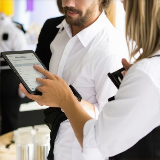 A group of staff using tablets with checklists during setting up a wedding or corporate event.