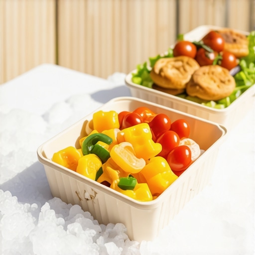Insulated trays with gel packs and dry ice at outdoor event ensuring food stays cold
