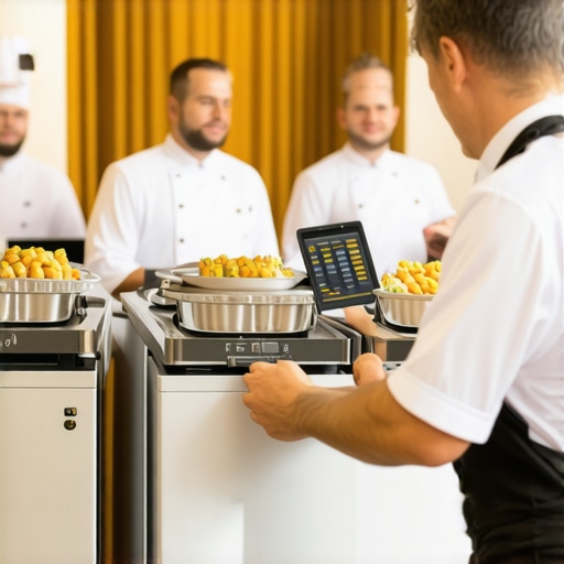 Catering staff efficiently using portable dishwashers and wireless POS at a wedding reception.