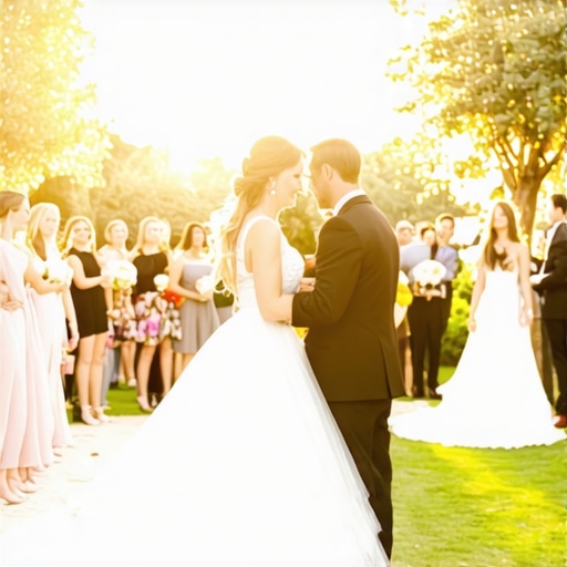 Outdoor wedding ceremony illuminated with layered lighting including fairy lights and reflectors