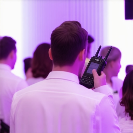 Team of servers communicating via walkie-talkies at a wedding reception.