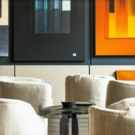 A conference room with decorative acoustic panels and plush furniture designed for privacy.
