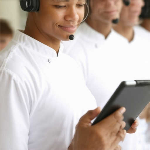 Catering staff communicating via wireless headsets and managing workflows on tablets at an event.