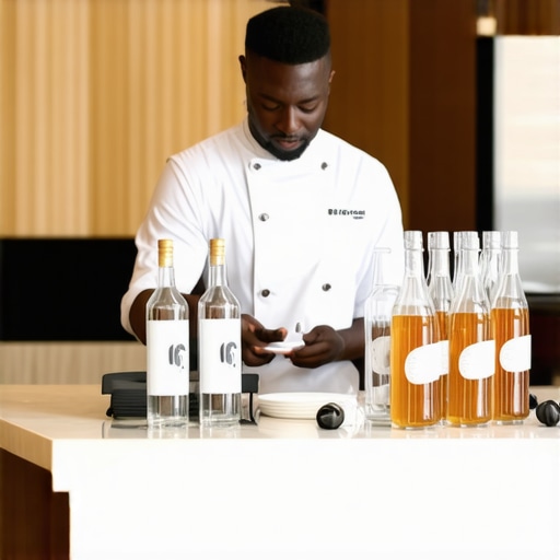 Catering staff controlling drink stations with signage at a corporate event