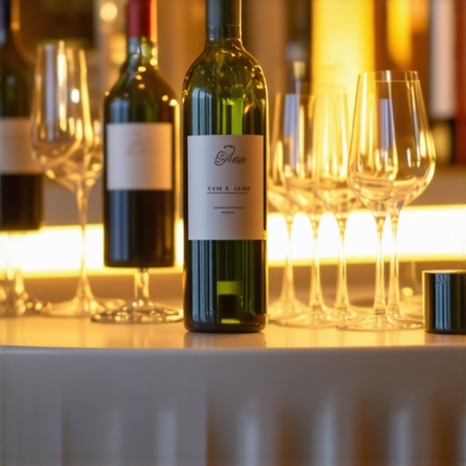 Wedding bar with wine bottles and glasses under soft lighting.