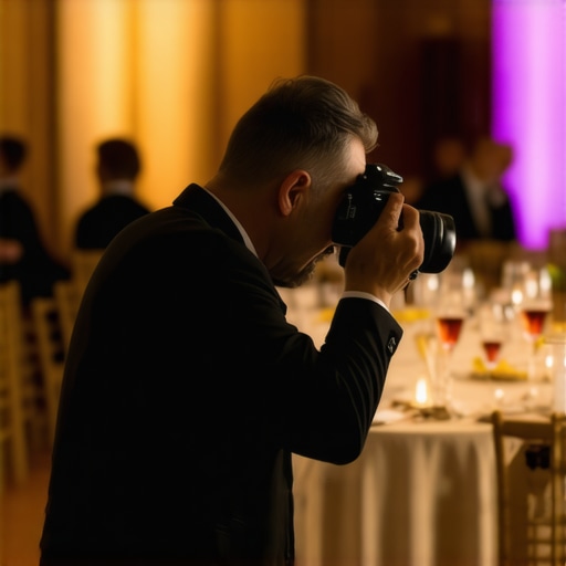 Photographer setting camera in low-light indoor event