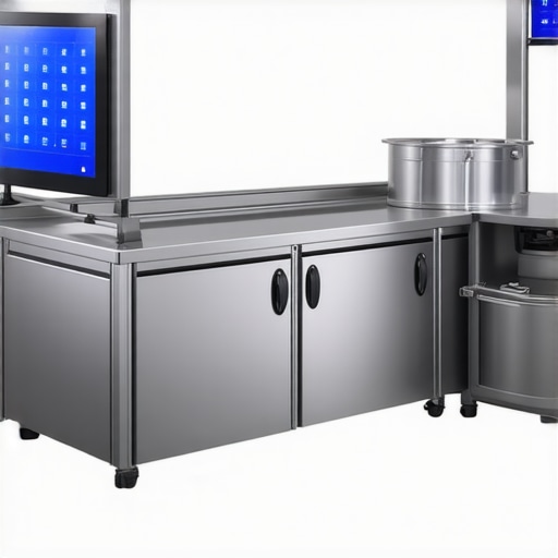 Advanced Catering Equipment in Use Catering staff managing food with high-tech temperature controls and digital tools.