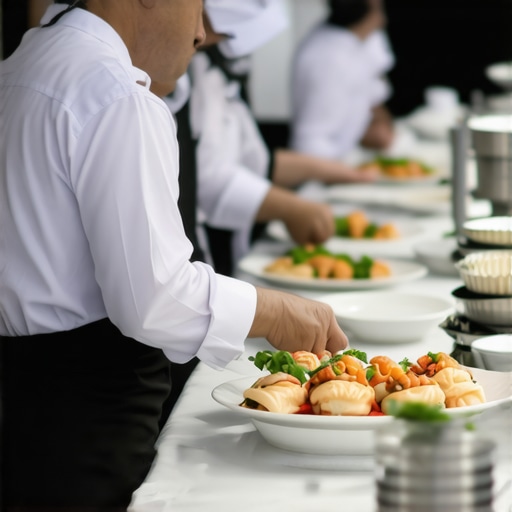 Catering staff coordinating at an upscale event, demonstrating efficient service