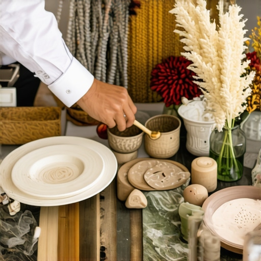 Decorator arranging modern and rustic wedding decorations on a table.
