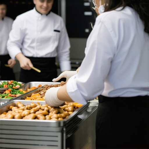 Branded Catering Setup for Corporate Event Team of professional caterers arranging a branded buffet with coordinated uniforms and signage