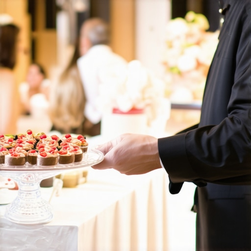 A friendly catering staff member carefully serving desserts to guests at an elegant wedding reception