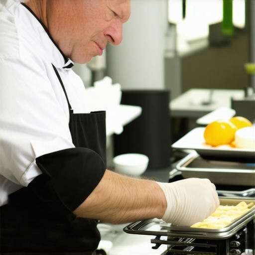 A caterer inspecting warming trays and communication tools during an event setup.