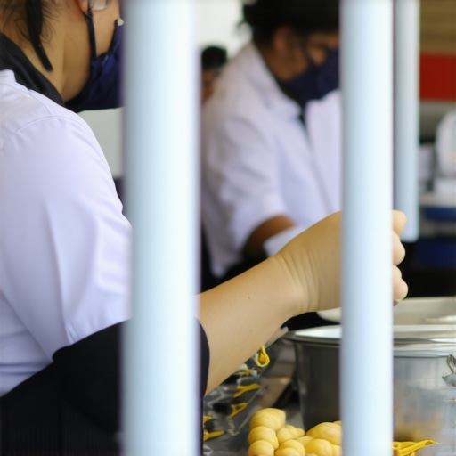 Catering staff inspecting and cleaning equipment during an event