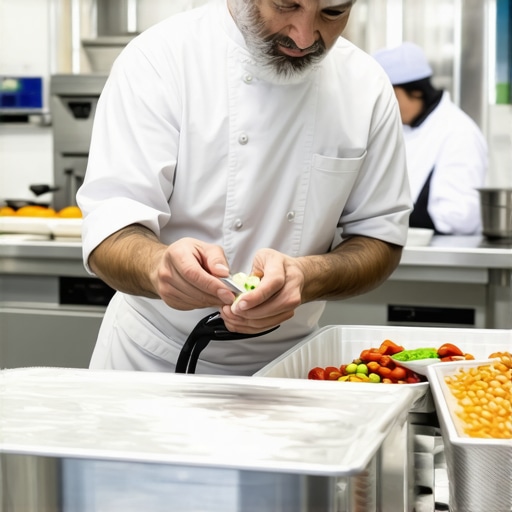 Staff inspecting and maintaining catering equipment during event preparation.