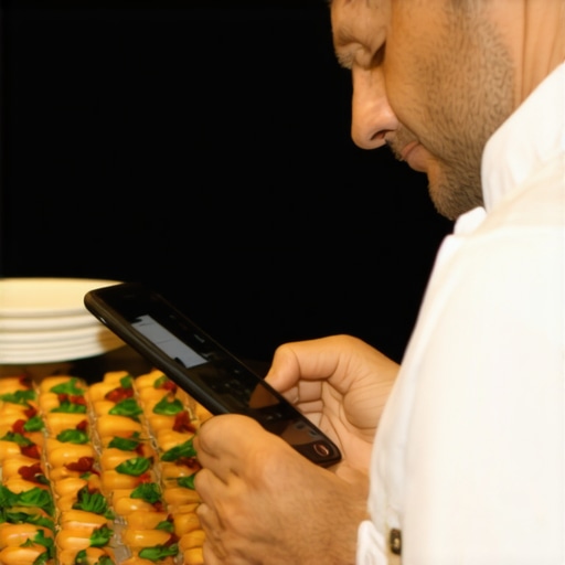 Catering team using tablets and inspecting appliances at a corporate event.