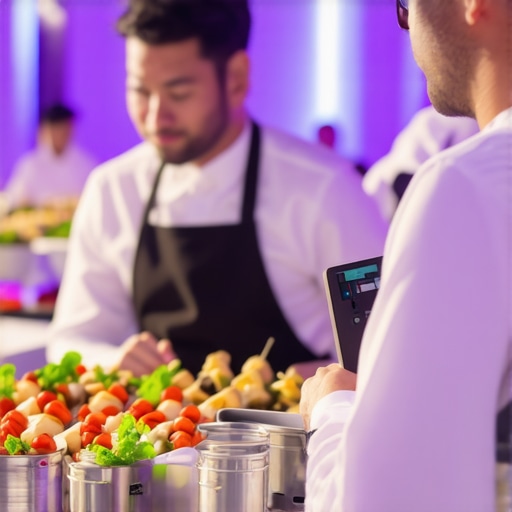 Catering Team Equipped with Tech Catering staff managing event operations with advanced tools and equipment