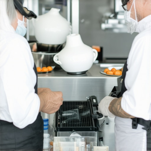 Catering staff performing maintenance on kitchen equipment with digital monitoring tools.