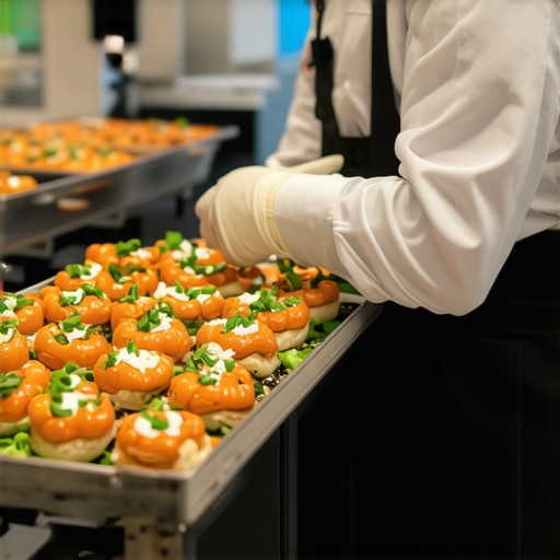 Catering staff setting up food stations at a corporate event