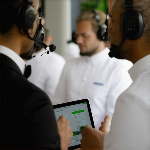 Catering staff coordinating with wireless headsets and tablets at a wedding reception.