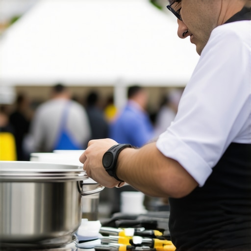 Catering staff inspecting and maintaining event equipment to ensure smooth operations.