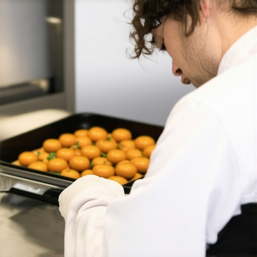 Catering staff monitoring equipment using digital tablets and tools during event preparation.