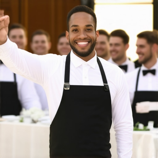 A professional wedding server giving instructions to fellow staff during event setup.