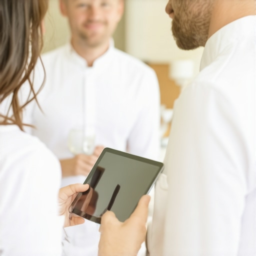 A manager coordinating event staff with a tablet during a wedding.