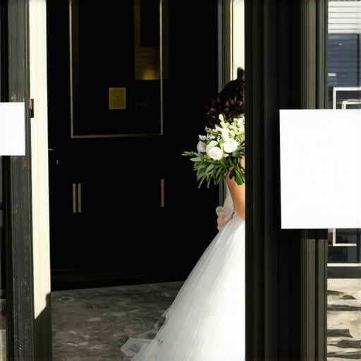 Wedding staff guiding late arrivals near the entrance with signage
