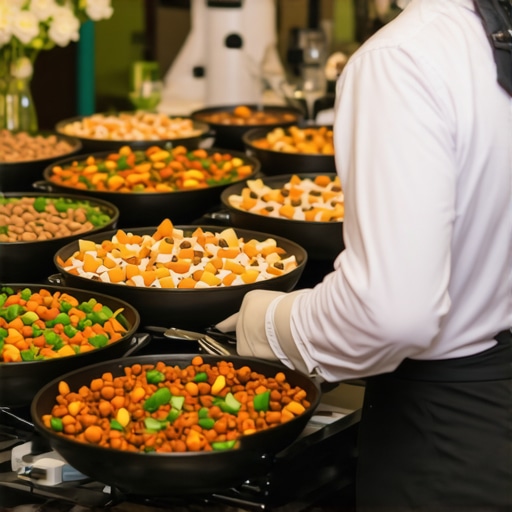 Elegant wedding catering setup with well-organized food stations and servers