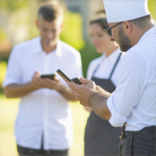 Catering team coordinating using tablets and radios at outdoor wedding event