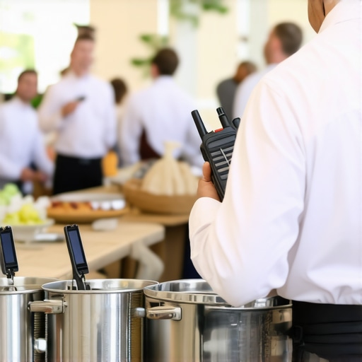 Efficient Event Setup with Reliable Tools Catering staff using state-of-the-art equipment and communication devices during a wedding reception.