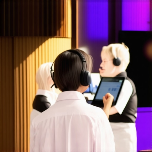 Event staff coordinating with headsets and tablets during a large corporate function.