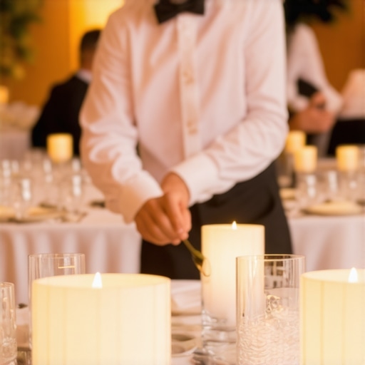 Servers quickly clearing tables during a wedding reception, showcasing teamwork and speed.