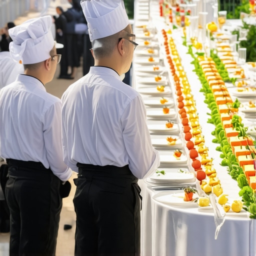 Small catering team coordinating seamlessly at a large event with digital devices and strategic layout.