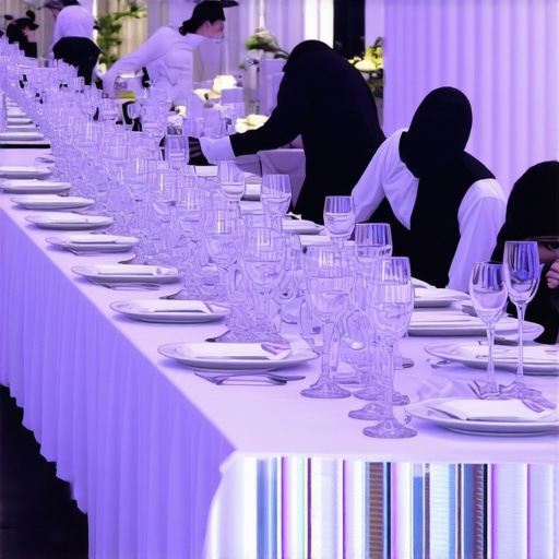 Catering staff swiftly clearing tables at a wedding reception