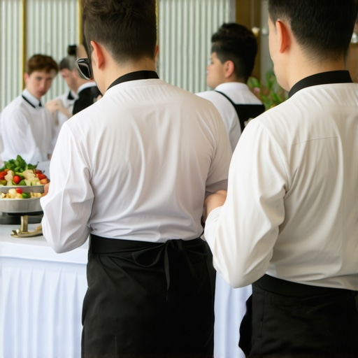 Team of servers working together smoothly at a catering setup